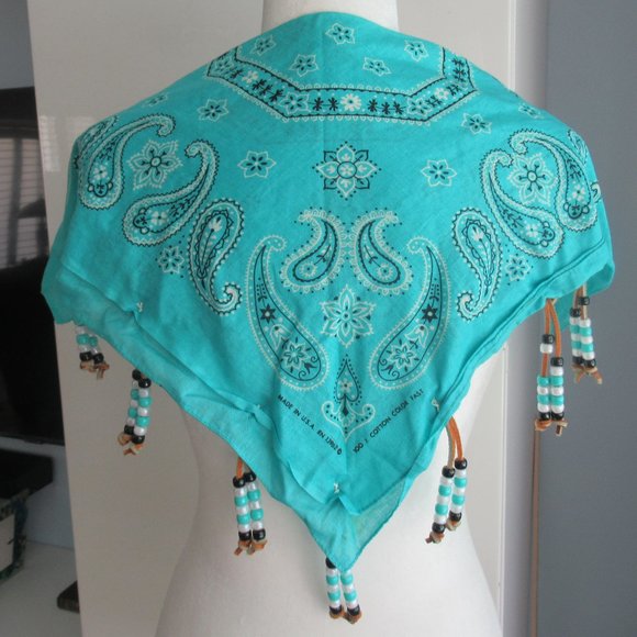 Y2K Southwestern Bandana Silver Tone Metal Conchos, Leather Fringe & Beads New - Picture 10 of 10